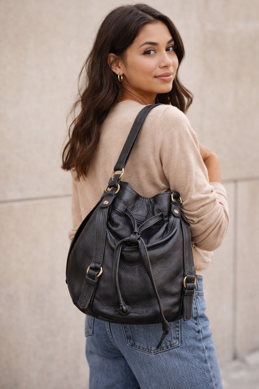 The Sak Kedzie Brown Pebbled Leather Bucket Hobo Bag Gold Hardware